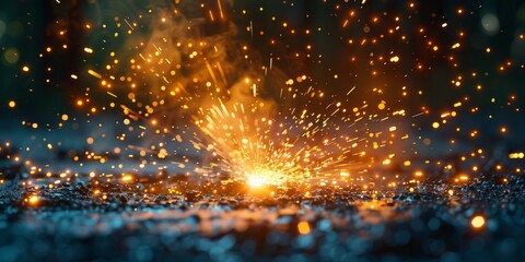 Naklejka premium Welding sparks erupt in a rhythmic dance, their incandescent trails highlighting the welder's skill