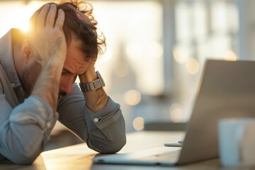 Stressed Man at Work with Laptop