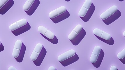 Overhead view of pills aligned with space on lilac backdrop