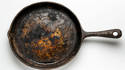 Top view of an iron frying pan with burn marks and oily stains from cooking. The pan features ingrained burning, a black handle, and a large area of oily stains and burnt black blemishes. I