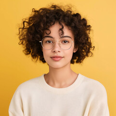 Obraz premium A cute girl with curly hair and a white T-shirt poses for a photograph in a photo studio on a bright plain background