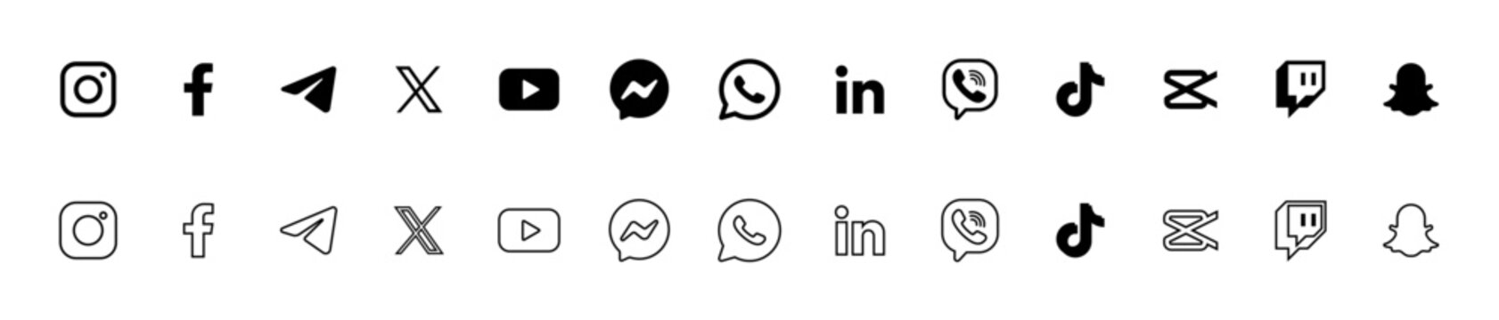 Instagram, Facebook, Twitter, X,, Telegram, Twitch, Viber, Messenger,  Youtube, PinterestLine. Social media icon set. Editorial vector eps10