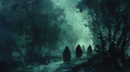 Obraz premium A group of people are walking through a dark forest