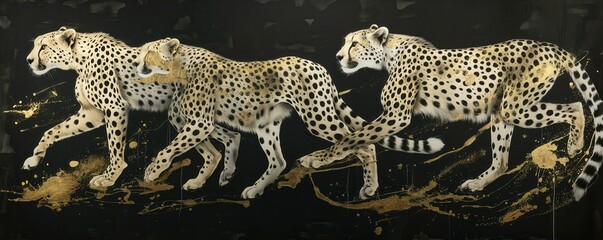 Obraz premium Ethereal Charcoal Cheetahs: A Harmonious Blend of White and Gold Elegance. Stunningly Crafted Aesthetic with Captivating Detail.