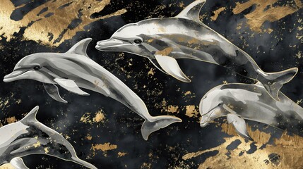Obraz premium Ethereal Charcoal Dolphins: A Symphony in White and Gold