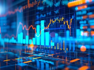 Financial data visualization with blue and orange graphs and bar charts on an abstract digital screen,