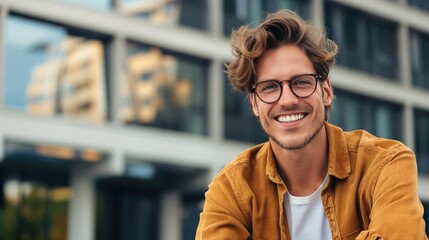 Obraz premium A man smiles while wearing glasses and a yellow jacket