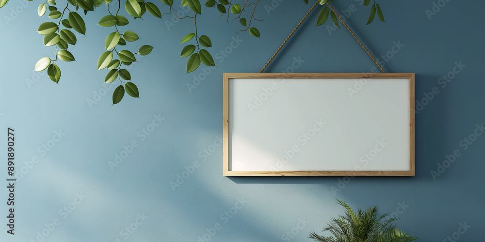 Poster empty picture frame hanging on blue wall with plants mockup 3d rendering