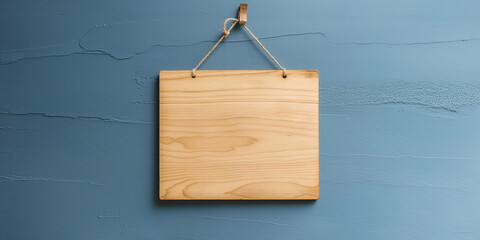 Empty wooden sign hanging on blue wall background