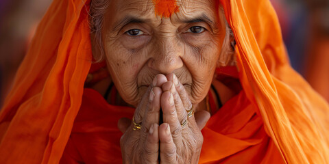 Indian senior woman wearing orange sari praying with hands together