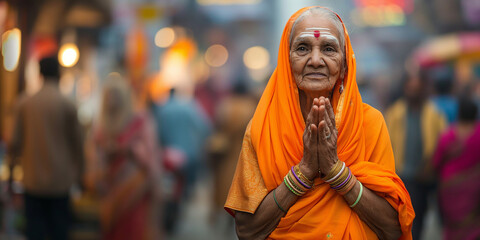 Fototapeta premium Elderly indian woman wearing a sari praying with hands together in public