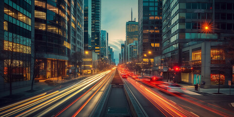 City avenue with traffic at twilight showing motion blur in chicago