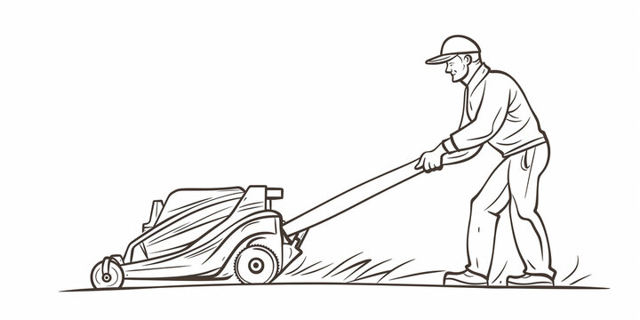 recommend clip art: Gardener pushing lawn mower on wheels cutting grass in outline style