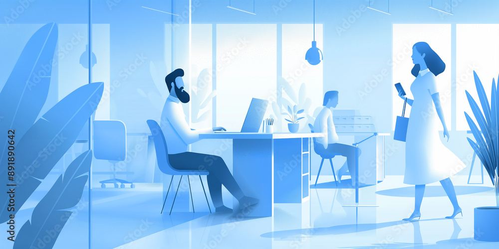 Poster Office workers working at desks in modern open plan office with large windows