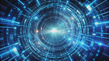 Fototapeta premium Futuristic tunnel filled with glowing blue lines of code and pulsing lights, creating a mesmerizing digital vortex, symbolizing innovation and technological advancement.