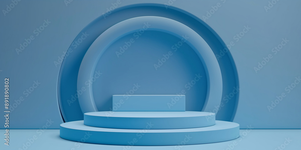 Poster minimal blue podium displaying three empty levels for product placement with concentric circles back