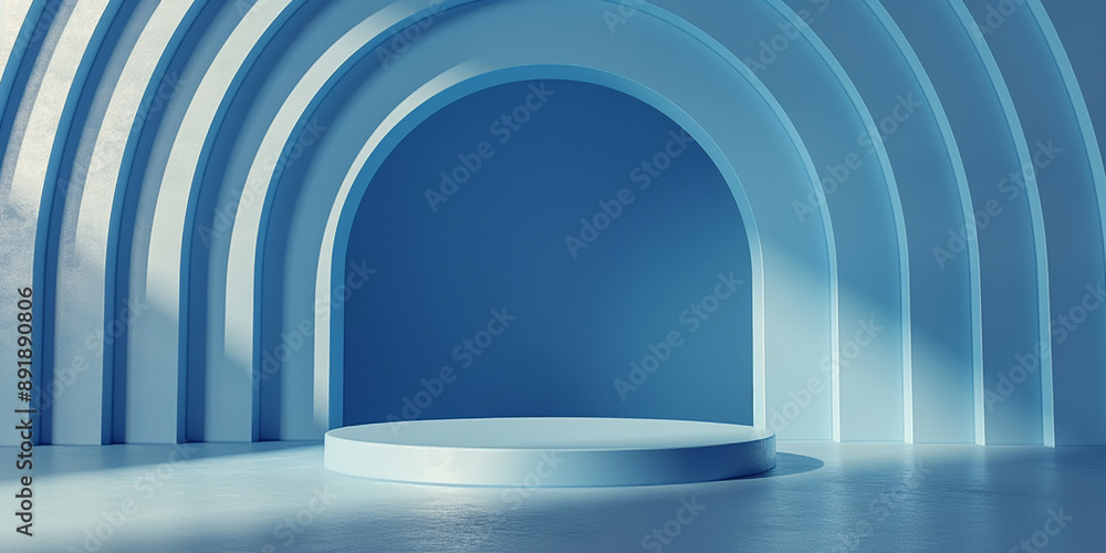 Poster minimalist blue stage with arches creating dramatic lighting for product presentation