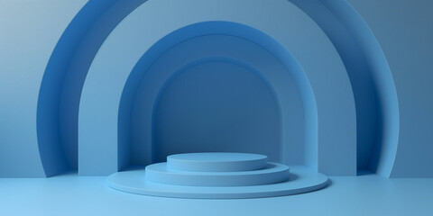 Obraz premium Minimalist blue podium displaying products on stage with arch