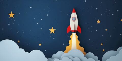 Red and white rocket launching to the stars over clouds at night paper art style