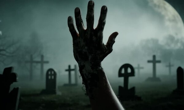 Halloween concept, zombie hand rising out