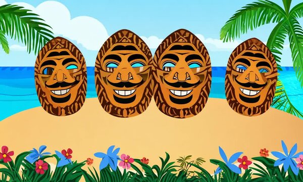 Hawaiian totem tiki mask. Hawaii or Polynesian island ancient native tribal statue head with cute scary faces. Cartoon vector set of traditional Mayan indigenous culture wooden ritual sculpture.