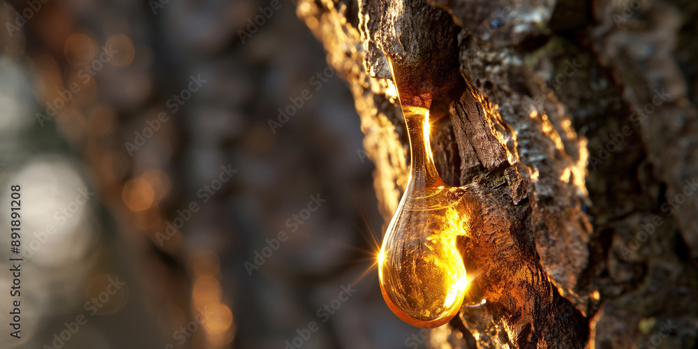 Aufkleber golden sap dripping from a tree trunk in the forest
