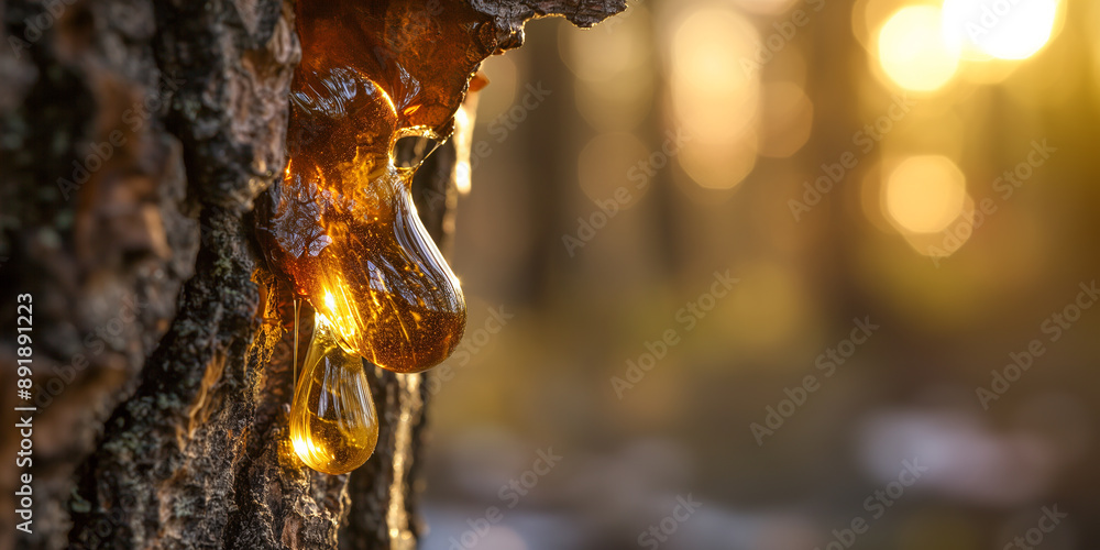 Poster golden sap dripping from a tree bark at sunset