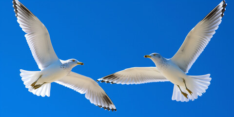 Obraz premium Two seagulls flying gracefully with wings spread against a vibrant blue sky