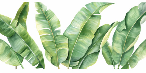 Watercolor painting of lush green banana leaves forming a vibrant tropical background