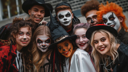 Fototapeta premium A group of young people dressed in various spooky costumes, including a clown, witch, ghost bride, vampire, and devil, pose together while celebrating Halloween