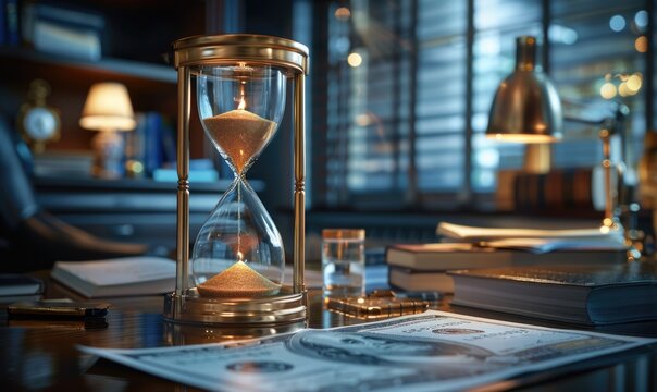 Fleeting moments: hourglass, the rapidity of the passage of time, emphasizing that time is money, and underscoring the intrinsic value of every second in our lives and endeavors.