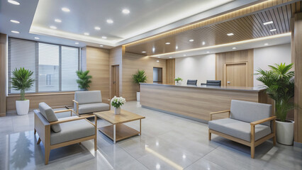 A modern medical clinic reception area with a desk, chair, and empty waiting area seats, conveying a sense of cleanliness and professional care.