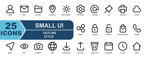 small essential icon set.outline style.contains user,profile,mail,email,folder,file,location,map,sun,brightness,settings,cog,gear,ad sign.
