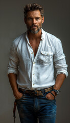 Fototapeta premium Homem de 41 anos com barba curta, cabelo curto castanho claro, camisa branca, jeans azul e tênis preto IA Generativa