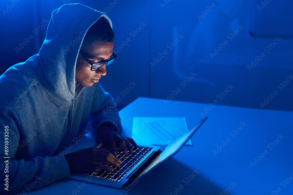Poster scam, black man or hacker stealing on laptop for cybercrime, malware or phishing for coding online d