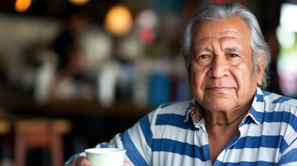 A man with gray hair and a striped shirt holds a cup of coffee in a cafe