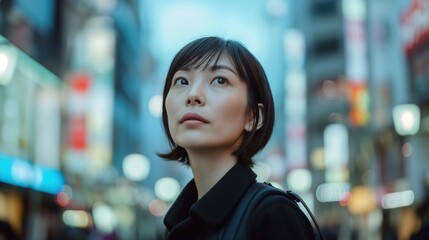 A young woman walks through a busy Tokyo street at dusk, looking upwards