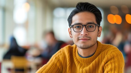 Obraz premium A young man with glasses and a yellow sweater smiles and poses for a photo