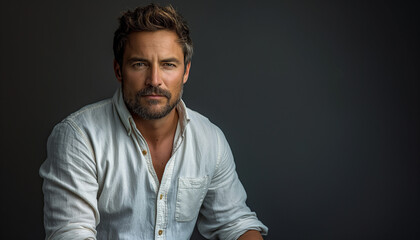 Homem de 41 anos com barba curta, cabelo curto castanho claro, camisa branca, jeans azul e t&ecirc;nis preto IA Generativa