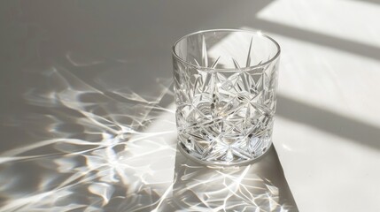 Shadow cast by glass or crystal object with light passing through glass of water on white surface Strong sunlight creates shadow reflection
