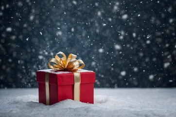 a red gift box on a background of falling snow; a potential holiday-themed bestseller