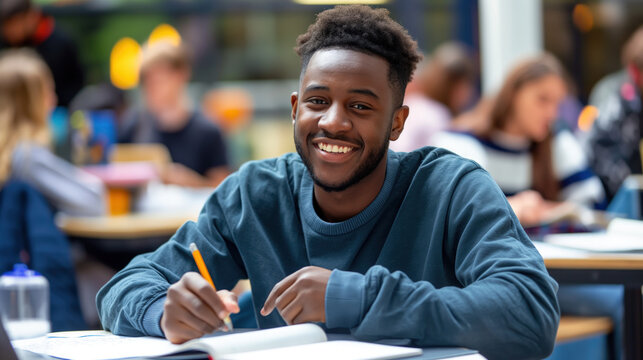 A young Black man writes in a notebook while smiling at the camera