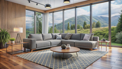 Fototapeta premium Minimally decorated modern living room interior with sleek gray sofa, geometric patterned rug, floor-to-ceiling windows, and futuristic smart home devices on a wooden coffee table.
