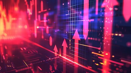 Upward arrows, digital background with stock market charts, financial growth, abstract futuristic graphics,
