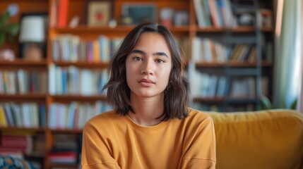 Young woman with dark hair and an orange sweater sitting in front of a bookshelf