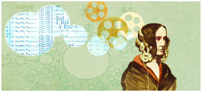 Ada Lovelace with calculations & mechanical cogs