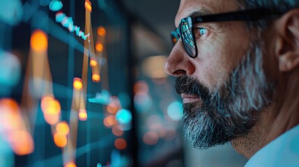 Obraz premium Close-up of a thoughtful man observing financial data on a digital screen, reflecting concentration and analysis in a modern workspace.