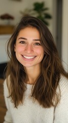 A young woman smiles while looking at the camera, wearing a white sweater