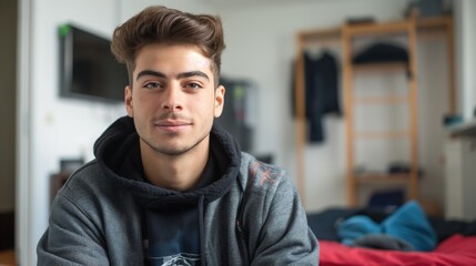 Fototapeta premium A young man wearing a hoodie sits in a modern apartment
