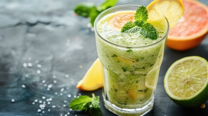 Fototapeta premium Refreshing green smoothie with citrus, mint, and ice in glass